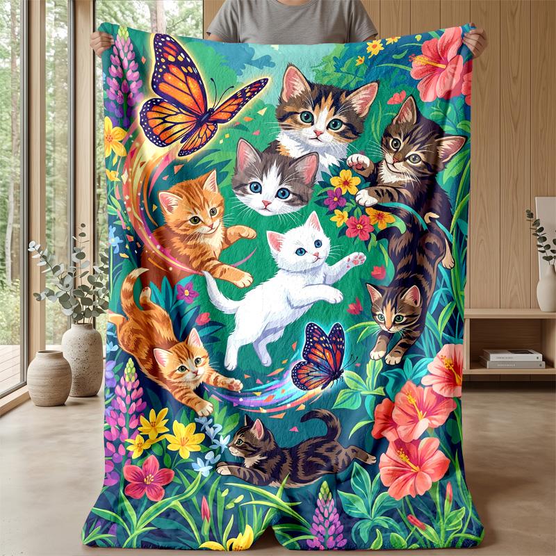 Butterflies and Kittens Garden blanket Personalized Name Flannel Blanket Soft Cozy Plush Throw for Sofa Bed Lightweight Home Decor