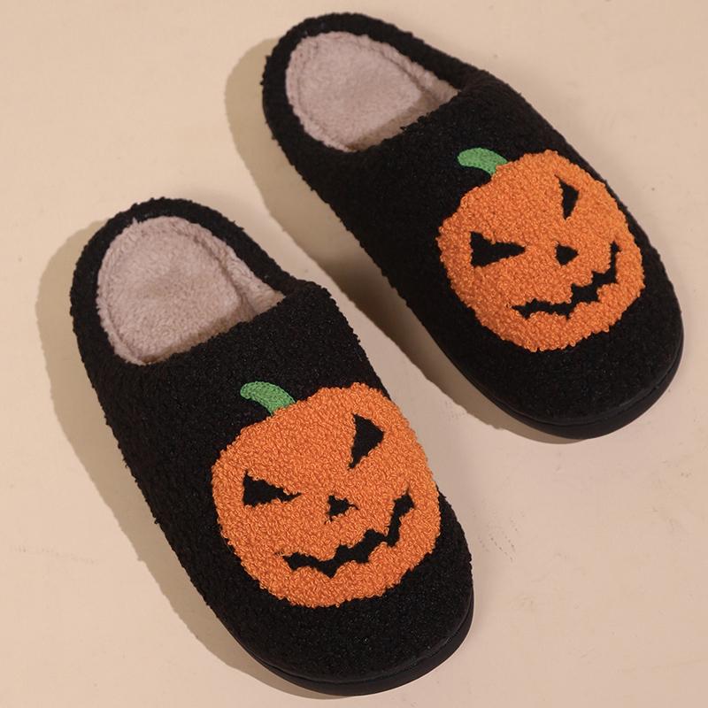 Fashion Cartoon Pumpkin Cotton Slippers for Women Indoor Non Slip Warm Plush Woman Halloween Casual Designer Cotton Slides Female
