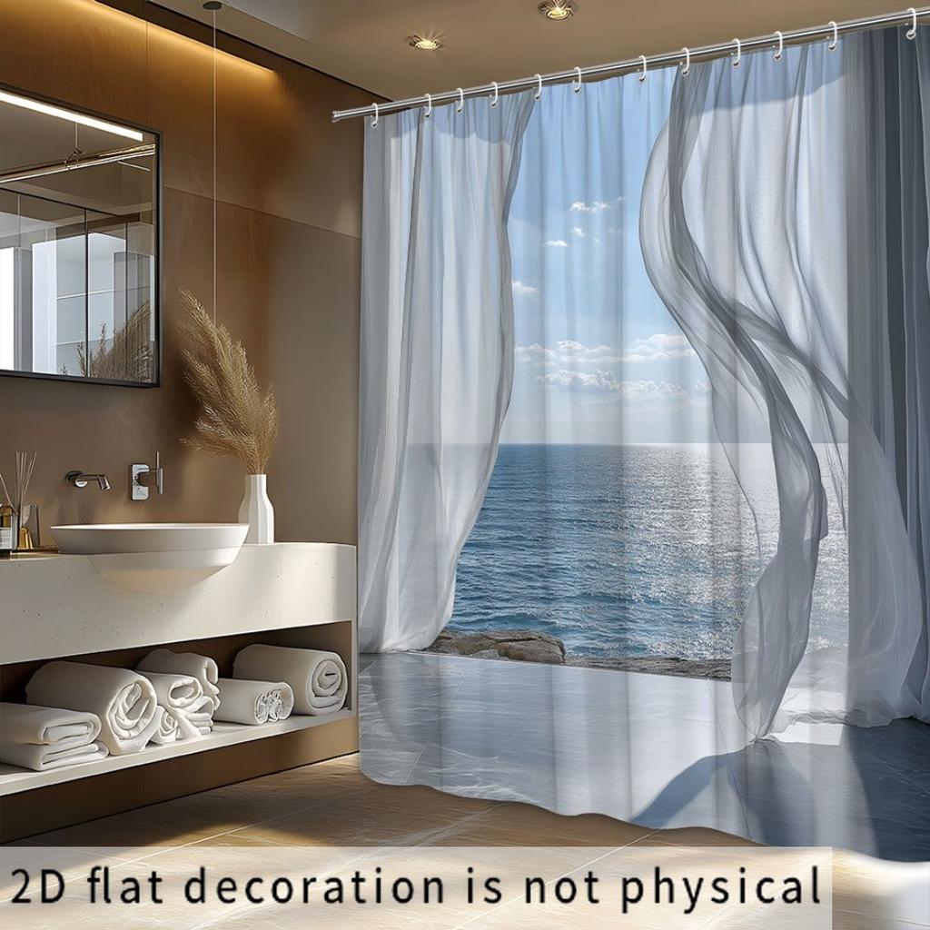 Premium Ocean View Shower Curtain Polyester Waterproof Beach Bathroom Decor Curtain Seascape Privacy Liner Modern Coastal Shower