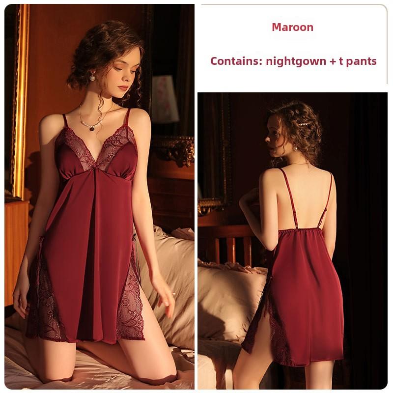 

Comfortable Pajamas Solid Color Lace Pajamas Split Suspender Skirt Strap Robe Loungewear Set M