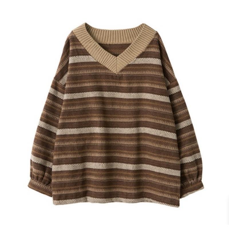 

Женский корейский новый осенне-зимний полосатый цветной свитер с V-образным вырезом, свободный, с ленивым ветром, высокого класса L темно-коричневого