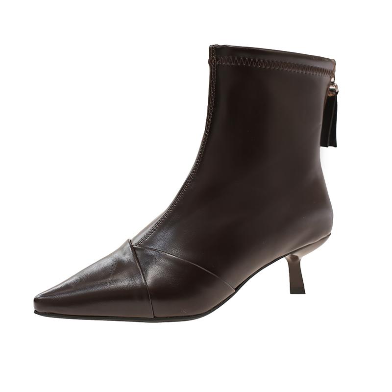 Fashion Small Heel Booties Autumn New Pointed Toe Rear Zipper Anti-Slip Wear-Resistant Cotton Boots
