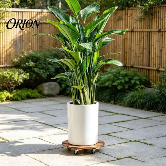 Outdoor Planter Tray with Wheels Round Wood Plant Caddy Wheels, Heavy Duty Rolling Stand Weather Resistant Roller for Garden Casters, Movable