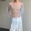 Men Scoop Neck Long Sleeve See Through Mesh Party Tops T-Shirts