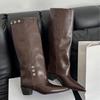 White high-heeled trousers knight boots women's shoes 2025 new spring and autumn winter brown rivets stacked pointed long boots