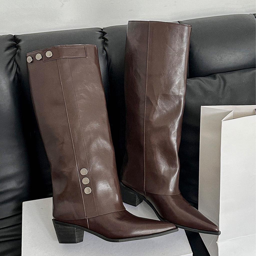 White high-heeled trousers knight boots women's shoes 2025 new spring and autumn winter brown rivets stacked pointed long boots