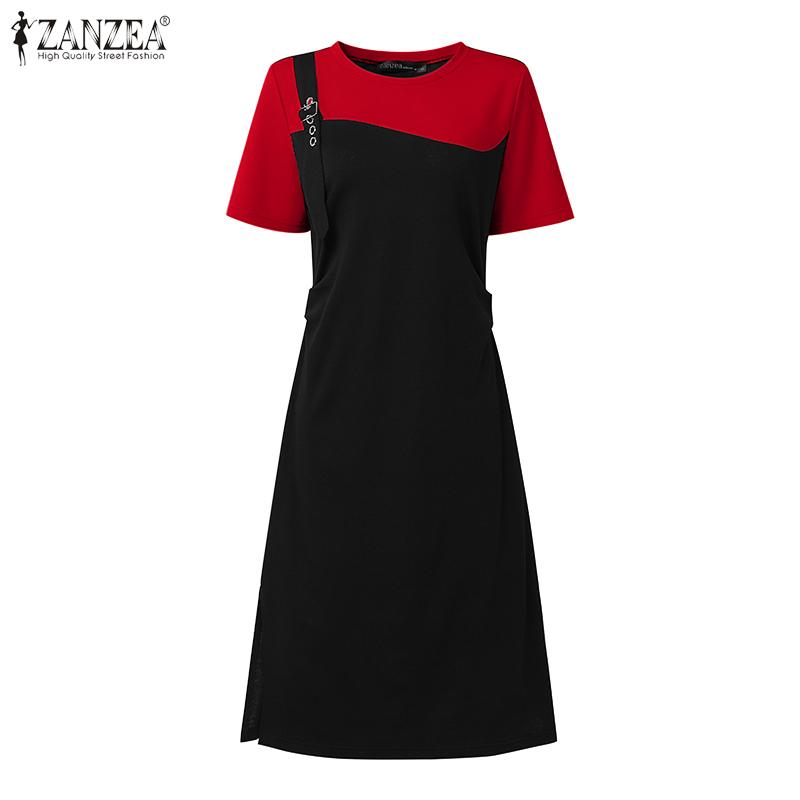 

ZANZEA Женское платье-туника с коротким рукавом, пэчворк, приталенное, повседневное, с разрезами