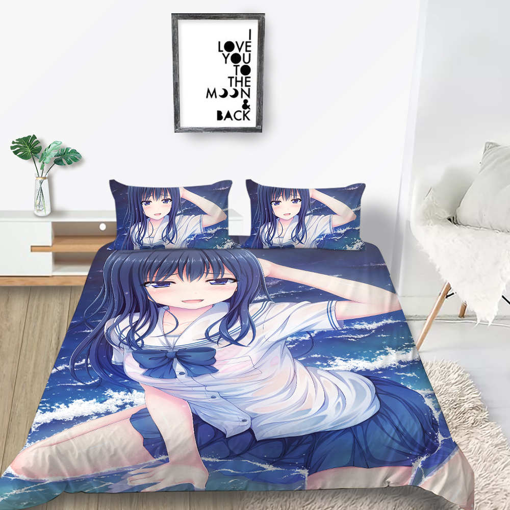 3D Animation Bishōjo Bedding Set, Curtilage Male Room Duvet Cover 2/3 Pieces, Anime Beautiful Woman DE135 * 200 Full Size Soft Home Decoration