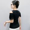 New Korean Summer Women's T-Shirt Hot Diamonds V-Neck Bling Tees Fashion Short-Sleeve Sexy Off The Shoulder Tops