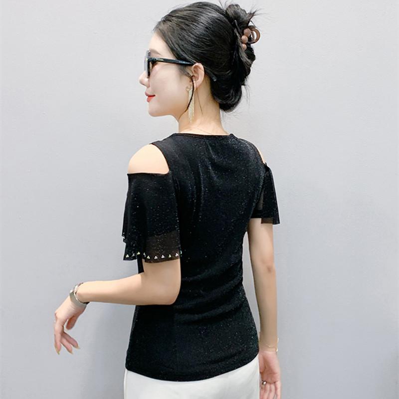 New Korean Summer Women's T-Shirt Hot Diamonds V-Neck Bling Tees Fashion Short-Sleeve Sexy Off The Shoulder Tops