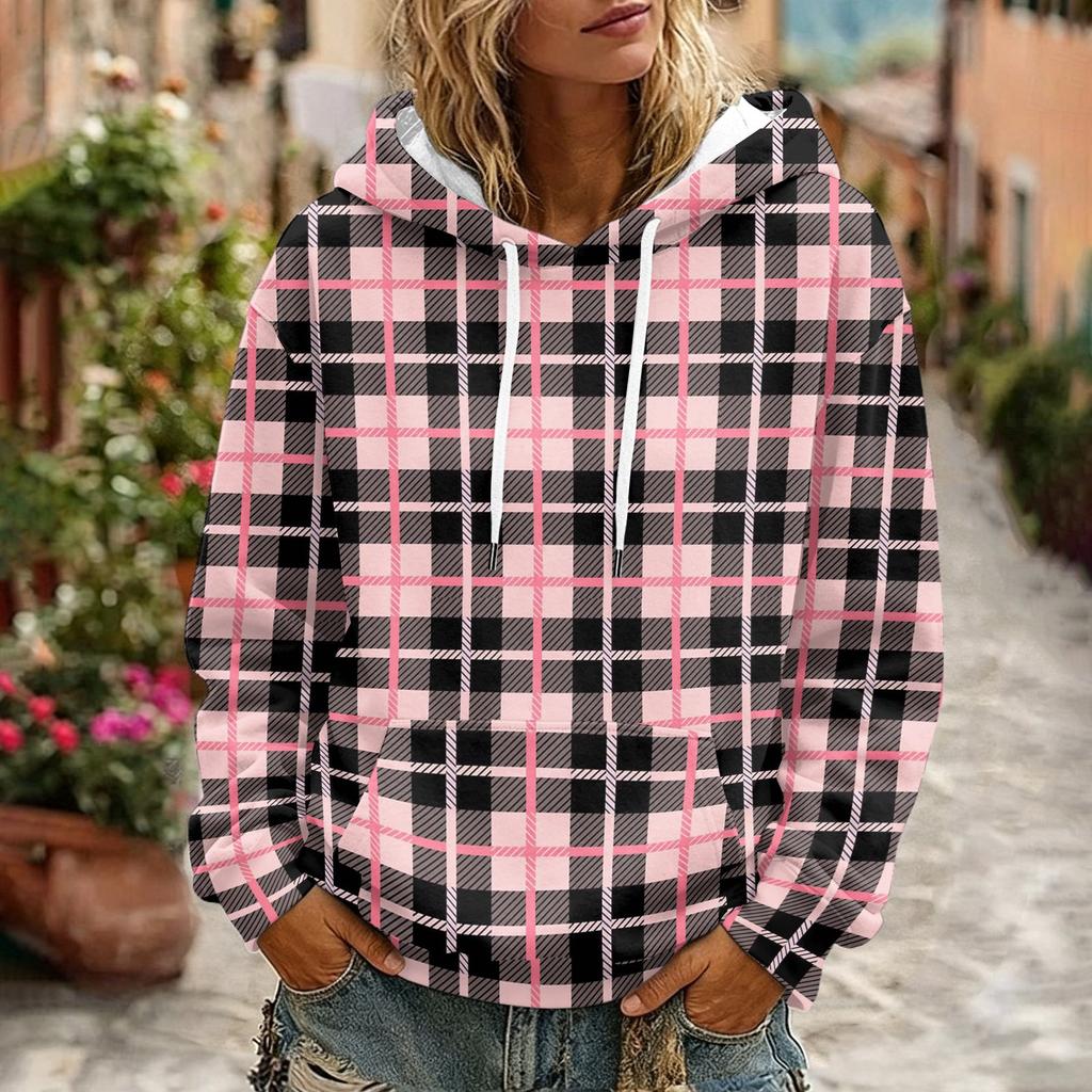 Women's Plaid Print Hooded Sweatshirt with Pockets And, Long Sleeve Casual Top
