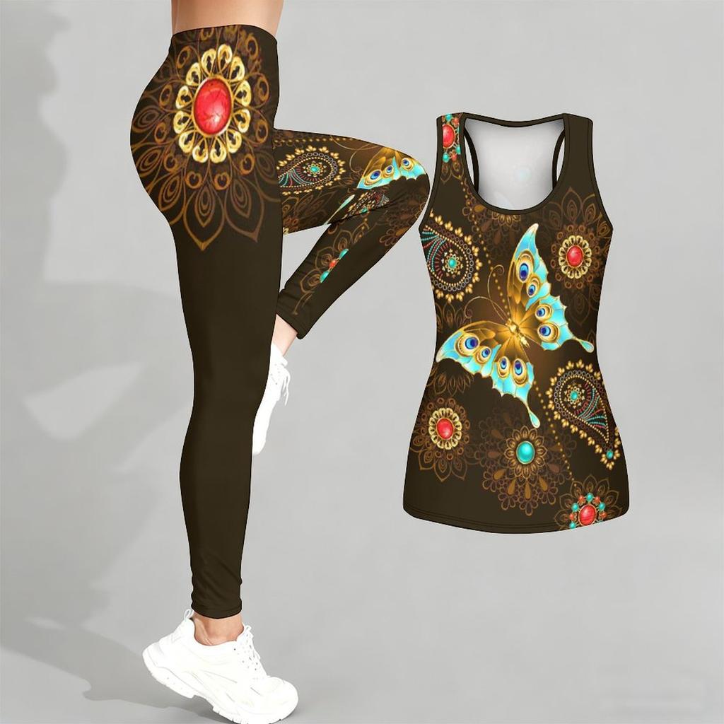 Completo Yoga con Stampa Farfalla per Donna Moda Leggings da Allenamento Fitness Sportivo Set Yoga Casual Tuta Sportiva