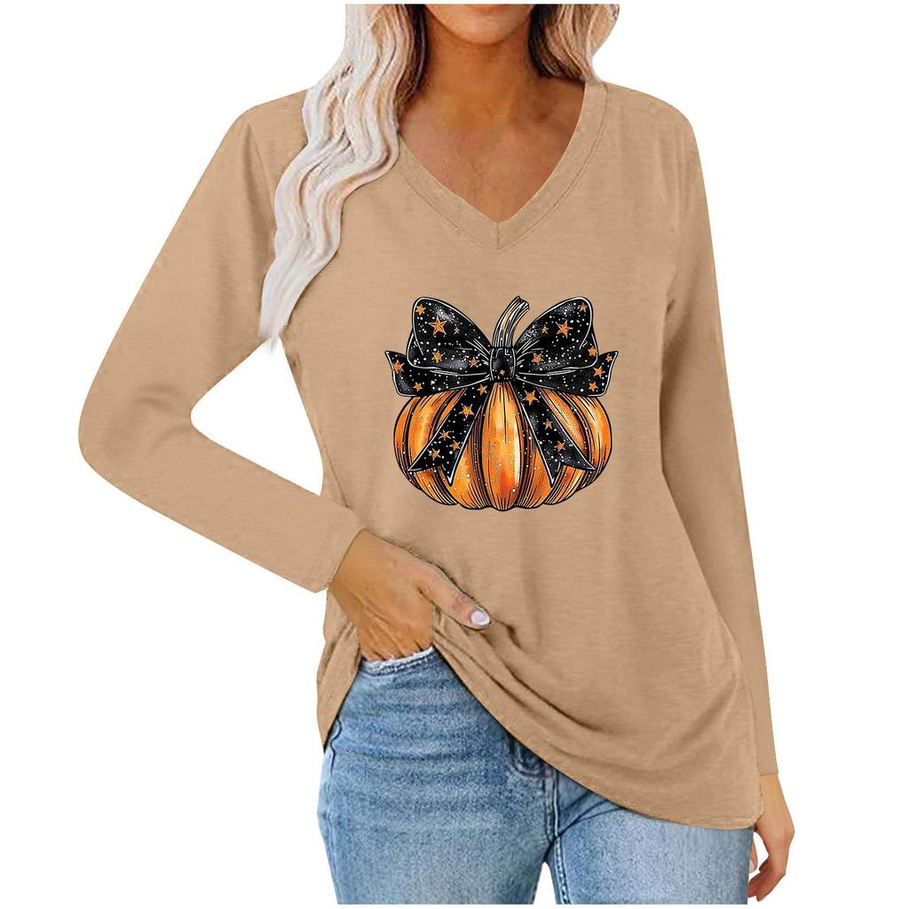 Women's Halloween V-neck Pumpkin Print Long Sleeve Top (2025)