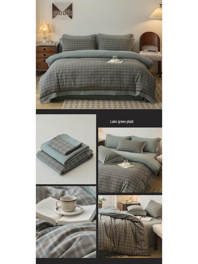 2026 Spring/Summer Men's Pure Cotton Striped 4-Piece Bedding Set: Washed Cotton Bed Sheet & Duvet Cover.