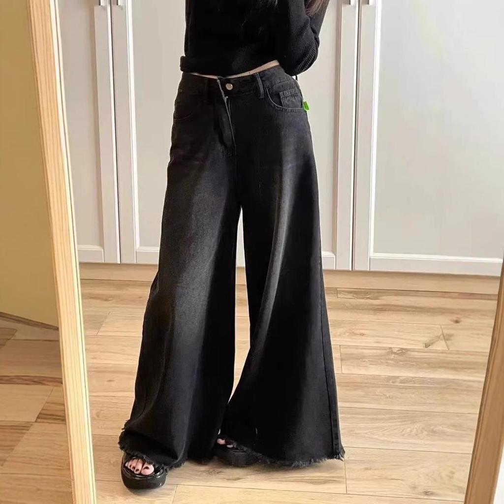 Women's Retro Black & Gray High Waist Wide-Leg Jeans - Slimming, Raw Hem, Floor-Length, Small Size