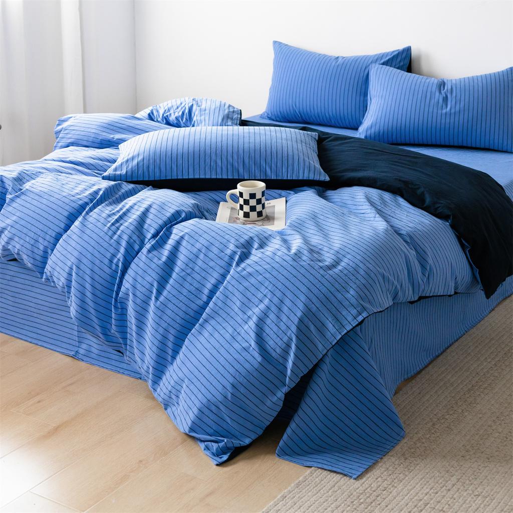 Retro Striped Four-piece Set, Cotton Pure Cotton 100 Washed Cotton Bed Sheet Quilt Cover, Male Student Dormitory Bed Three-piece Set 1