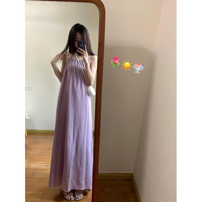 Purple Loose Suspender Dress Women's Summer New Vacation Gentle Long Dress Chic Sleeveless a Word Skirt