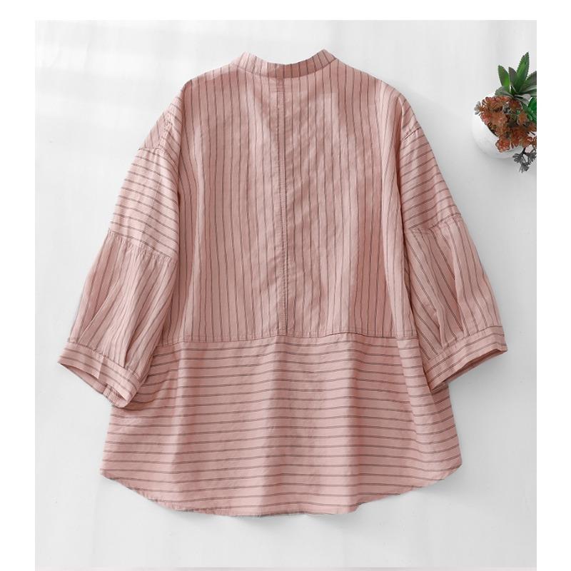 Striped Shirt Color Round Neck Casual Versatile Loose Slimming Summer Shirt Cardigan for Women