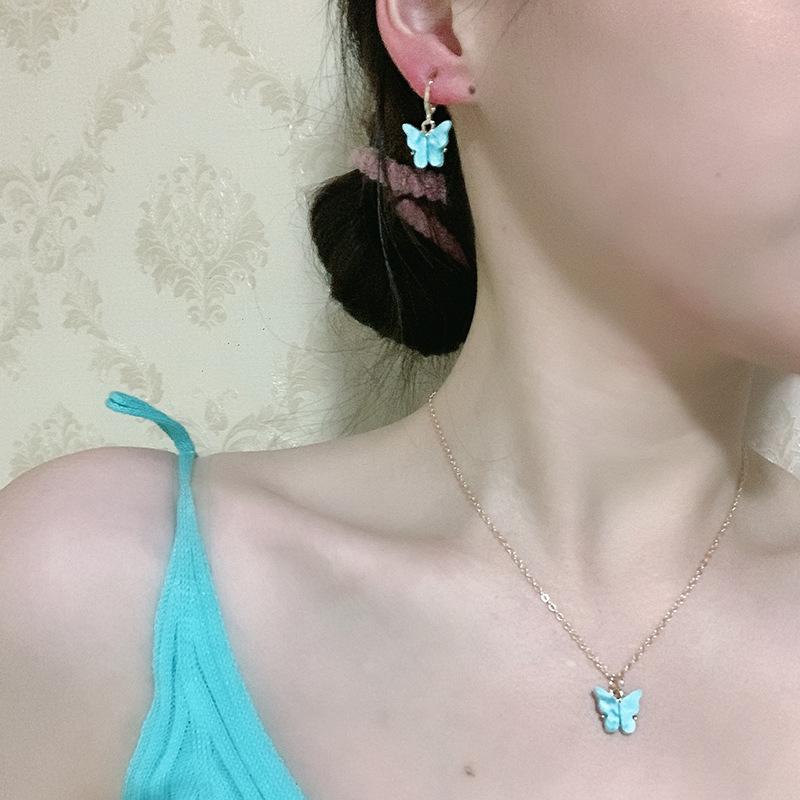 Style fashion butterfly pendant Mori earrings collarbone chain, super fairy temperament earrings necklace set wish