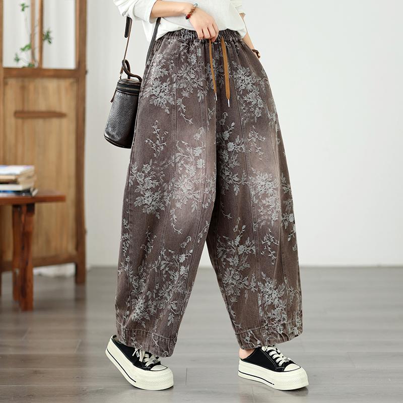 DIMANAF 2026 Autunno Inverno Nuovi Jeans da Donna Taglie Forti Vita Elastica Pantaloni Lunghi Stampa Floreale Larghi Casual Denim Cotone Pantaloni Spessi Vintage Donna