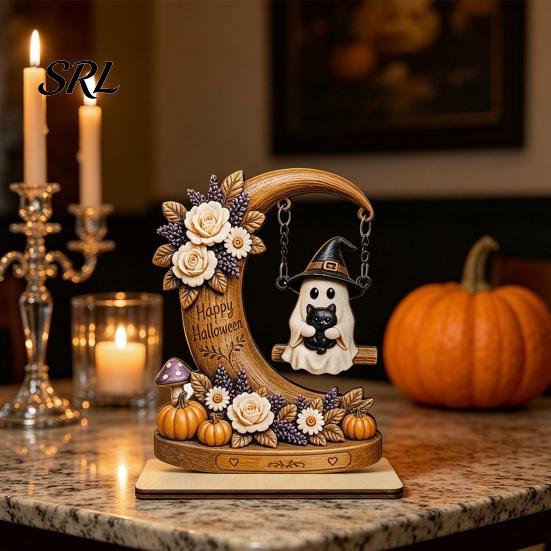 Cute Ghost Figurine for Home Halloween Moon Swing Figurine, Reading On with Floral Spooky Fireplace Mantel Accents Pumpkin Accents, Wooden Bookshelf