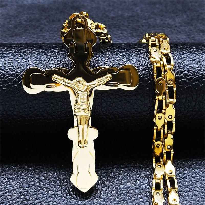 Christus Jesus Kruzifix Kreuz Großer Anhänger Halskette für Männer Edelstahl Goldfarbe Herren Ketten Halsketten Amulett Schmuck gargantilla