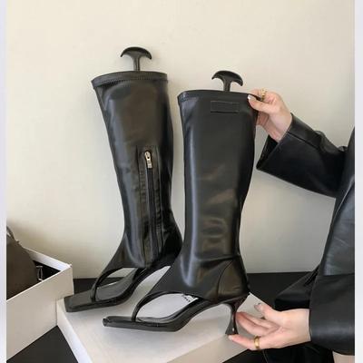 Fashion Silver Open Toe Clip-On Knee High Boots Women Modern Booties Thin Low Heels Side Zipper Spring Party Pumps Sandals Shoe