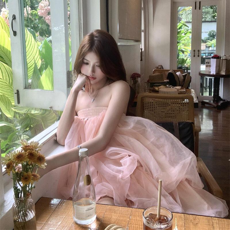 Super fairy gentle pink mesh fluffy tube top dress women's summer new princess style holiday short skirt