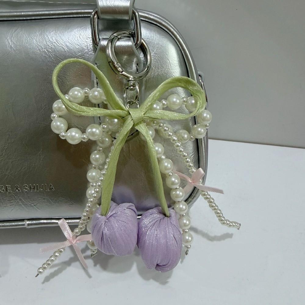 New Ribbon Pearl Tulip Ribbon Keychain Tulip DIY Mobile Phone Pendant Jewelry Style Pearl Bow Bag Accessories Mobile Phone Chain