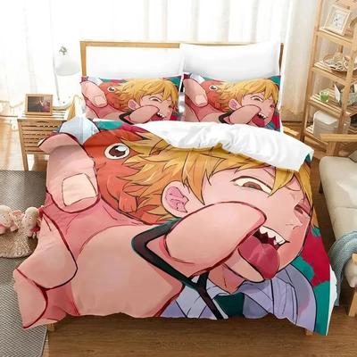 Pochita Chainsaw Man Anime Imprimé Ensemble de Linge de Lit Housse de Couette Taie d'Oreiller Ensemble de Literie Drap de Lit Housse de Couette Taille Double Queen King