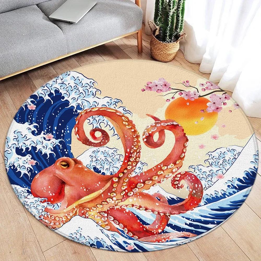 Round Rug – Koi Lotus Cherry Blossom Ink Art Carpet for Living Room Bedroom Home Decor