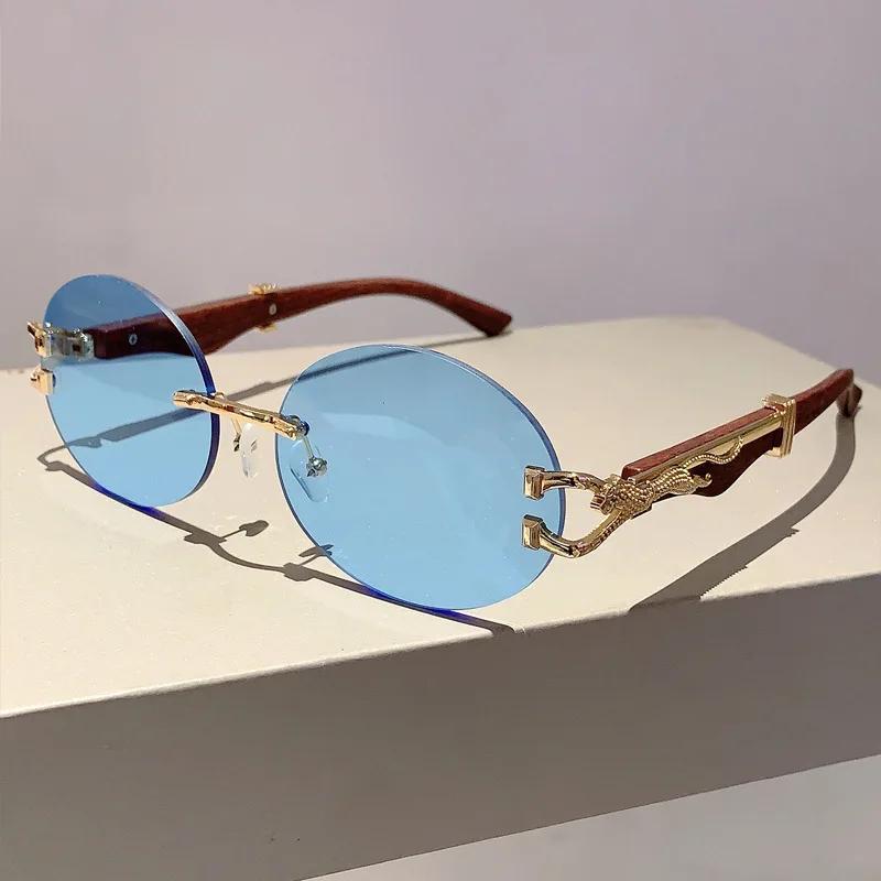 New Luxury Designer Vintage Rimless Oval Sunglasses Women Men Trendy Punk Metal Leopard Eyeglasses