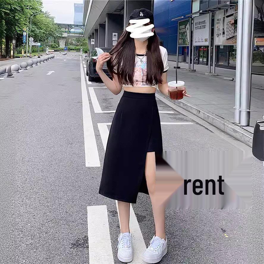 

Black High Waist Slit Midi Skirt - Summer A-line, Slimming & Anti-exposure Design S чёрный