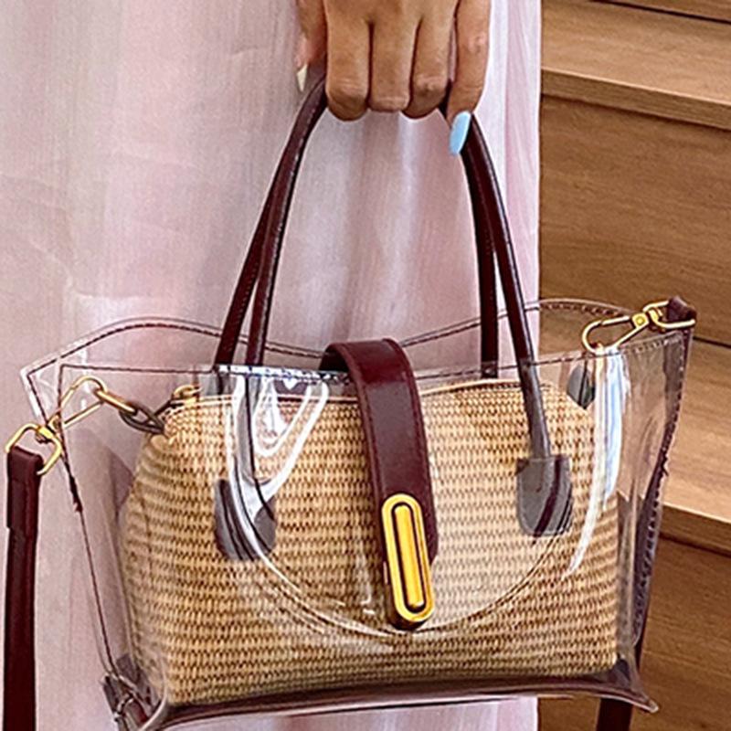 2025 woven bag new Japanese transparent jelly bag tote bag trendy fashion handbag casual shoulder messenger bag