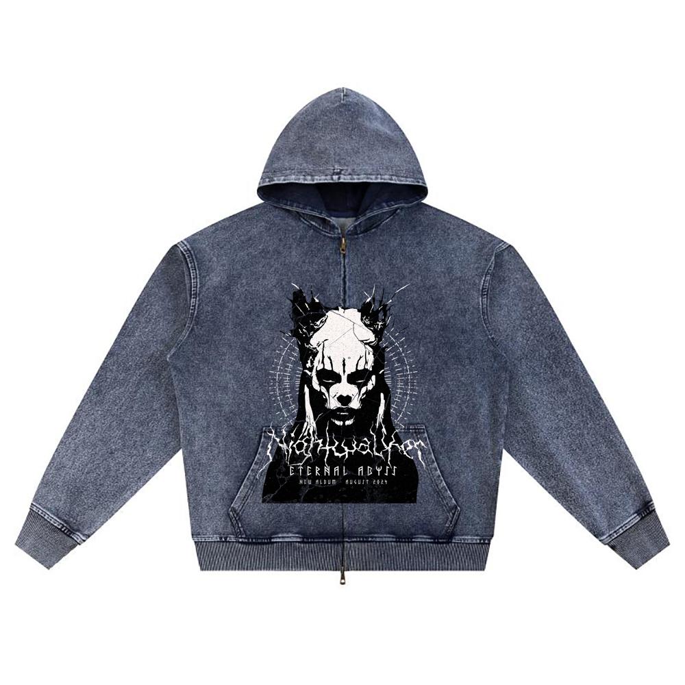 

DTG print Knitted Denim Zip-Up Hoodie Nightwalker Death Metal Shirt Brother Print Zipper Hoodies XL темно-синий