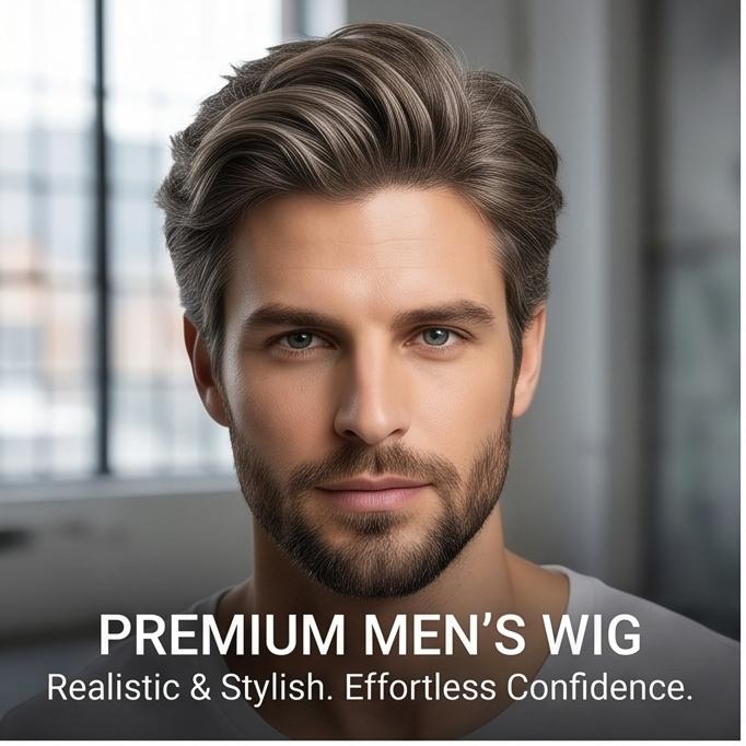 Men's Grey Gold Short Straight Synthetic Wig - Side-Part with Bangs, Breathable Adjustable Cap for Daily & Party Wear, Ready Stock