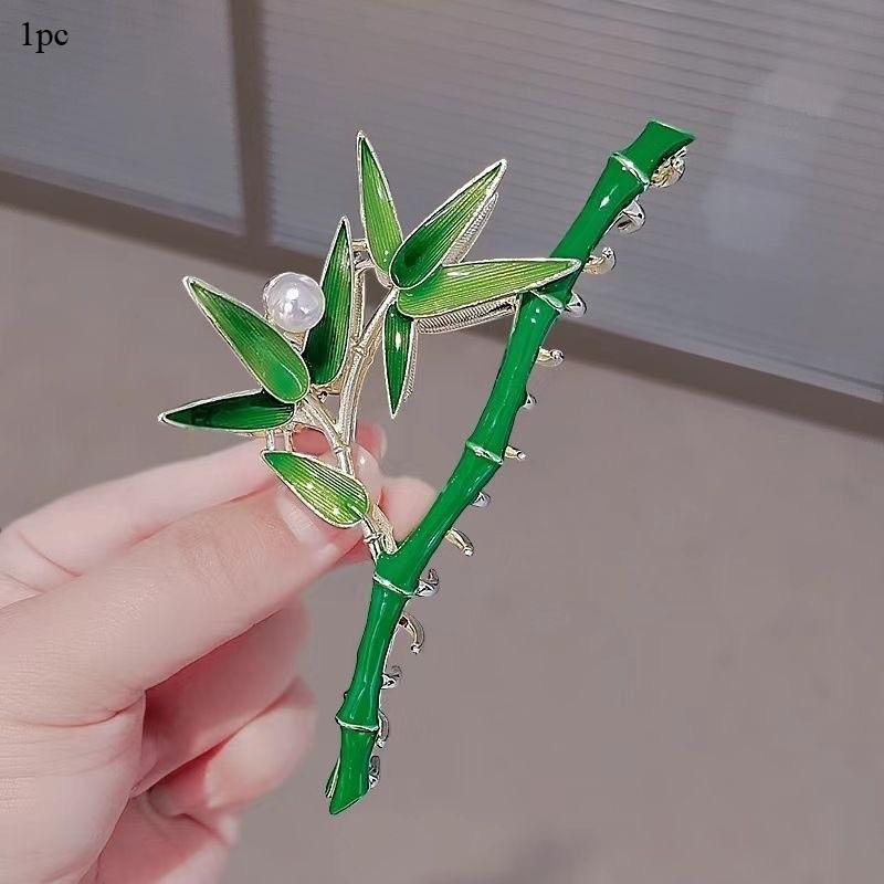 1Pc New Women's Retro Green Bamboo Hair Clips Women's Pearl Hair Clip Girl Styling Decorative Headwear