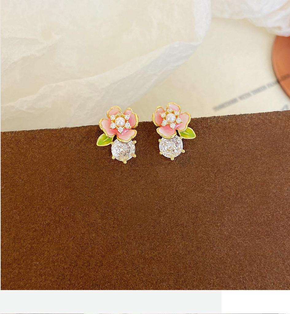 Pink Flower Cubic Zirconia Pearl Stud Earrings - 2026 New Stylish Light Luxury Niche Design for Women