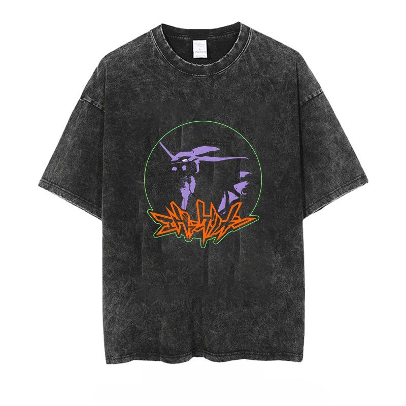 Anime Eva Men's T-shirt Washed Vintage Loose Summer Women's Printed Short-sleeved Tees Oversized Gym Y2k Clothes Harajuku Tops