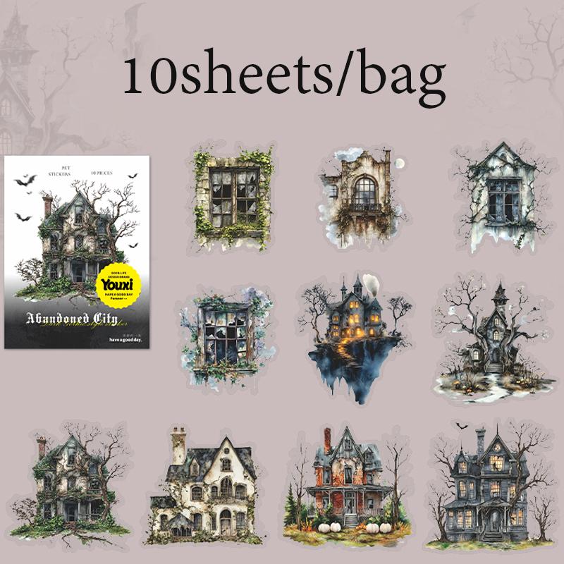 10 Sheets/Bag Gothic Abandoned City Scenery Stickers for Scrapbooking Planner Notebook DIY Phone Case Decoration Office Gift
