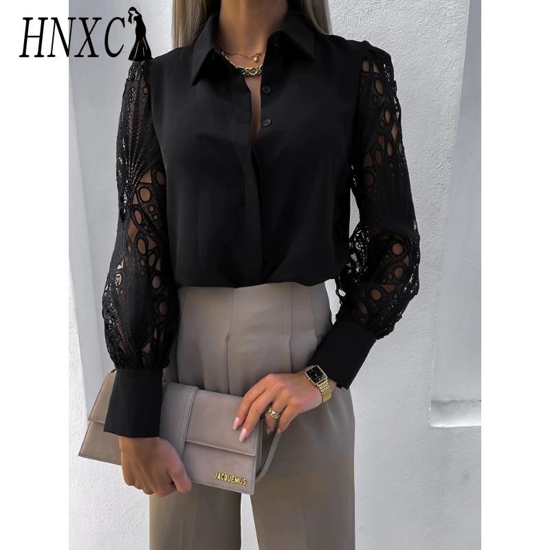 HNXC Women's Fashion Casual Solid Color Print Long Sleeve POLO Neck Blouses & Shirts