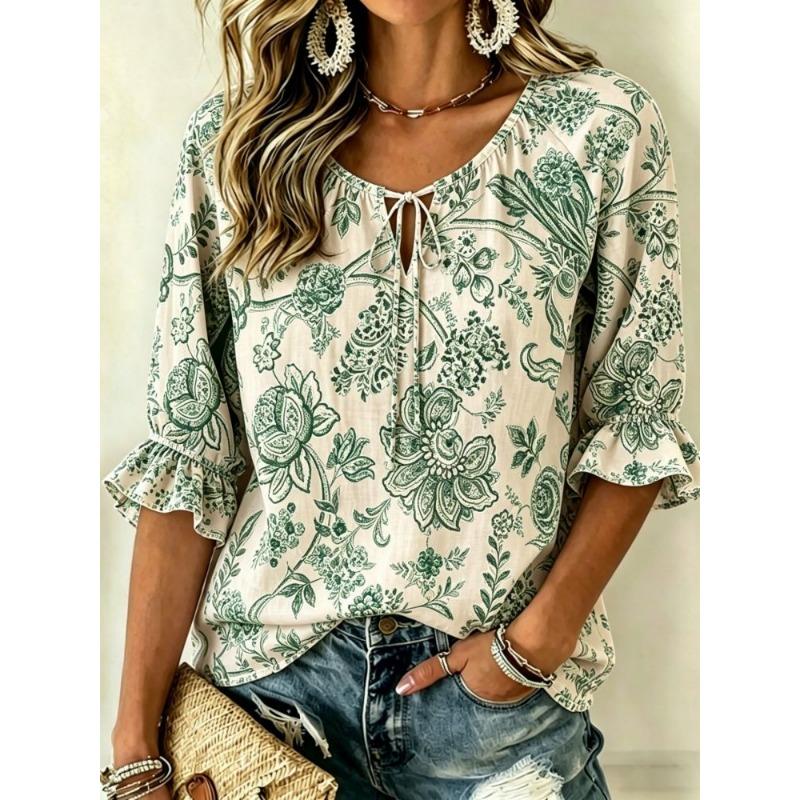 Women's Blue Porcelain Floral Print Tie Neck Blouse, Casual Loose Tops for Spring Summer Daily Wear & Vacation Occasions