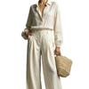 1116 New European and American Spring and Autumn Women's Fashion Solid Color Casual Shirt Top Wide-Leg Pants Two-Piece Set
