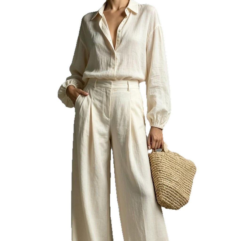 1116 New European and American Spring and Autumn Women's Fashion Solid Color Casual Shirt Top Wide-Leg Pants Two-Piece Set