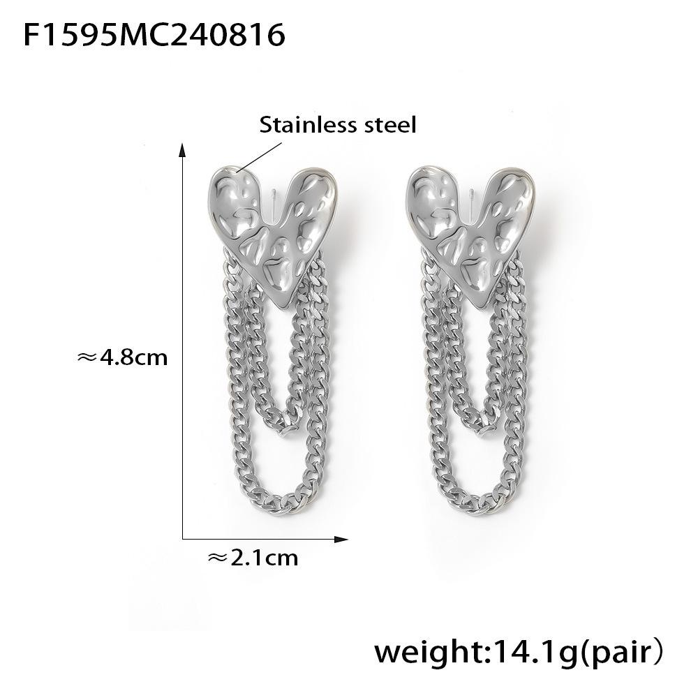 European & American Retro Heart Tassel Earrings - Hammered Texture Stainless Steel