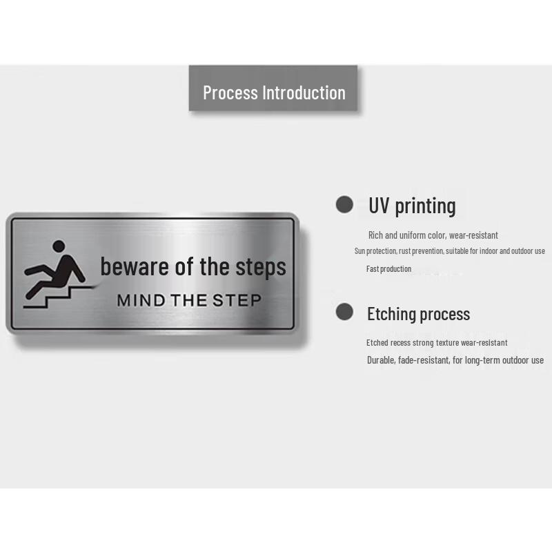 Edelstahl-Warnschild „Achten Sie auf Ihre Schritte“