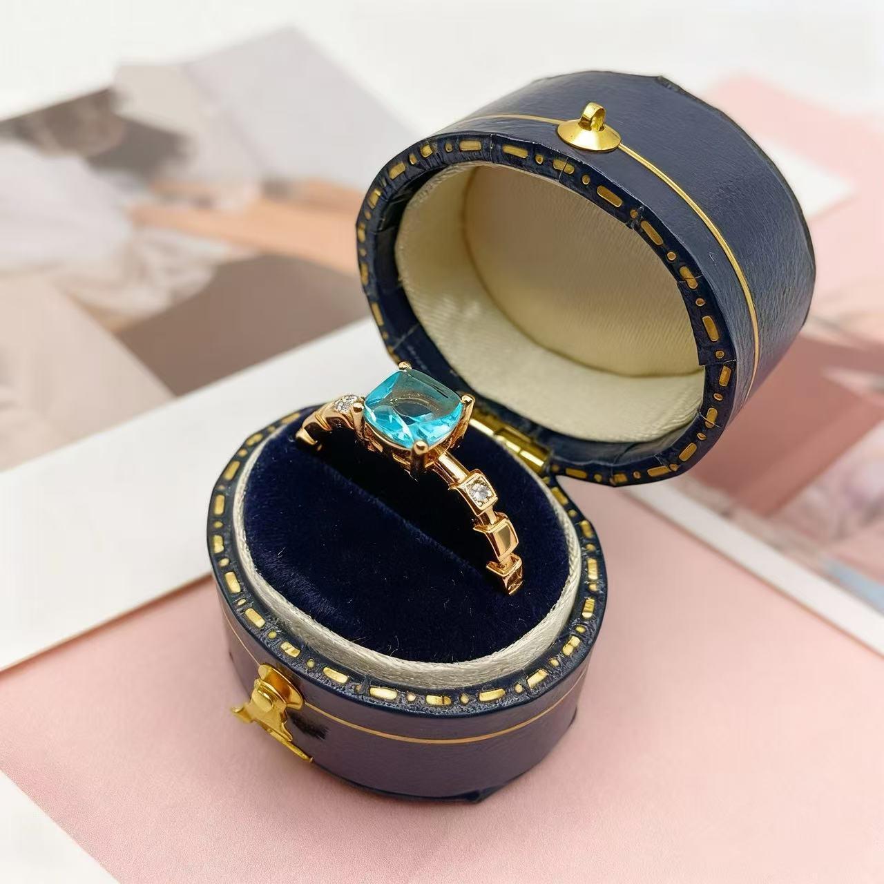 Yintai Concubine Luxury Blue Zircon & Micro-set Zircon Ring, 18K Gold-Plated, Niche Design for a High-End Style. Adjustable Open Size