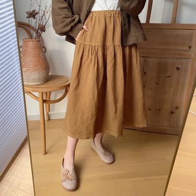 Spring Summer Vintage Skirt Casual Solid Color Elastic Waist All Match Loose Women Skirt