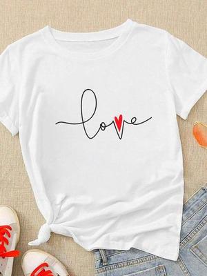 (Asian Size) Women Short Sleeve Fashion Love Letter Cute Trend Clothing Casual Tshirt Female Print Lady Tee Top Graphic T-shirts