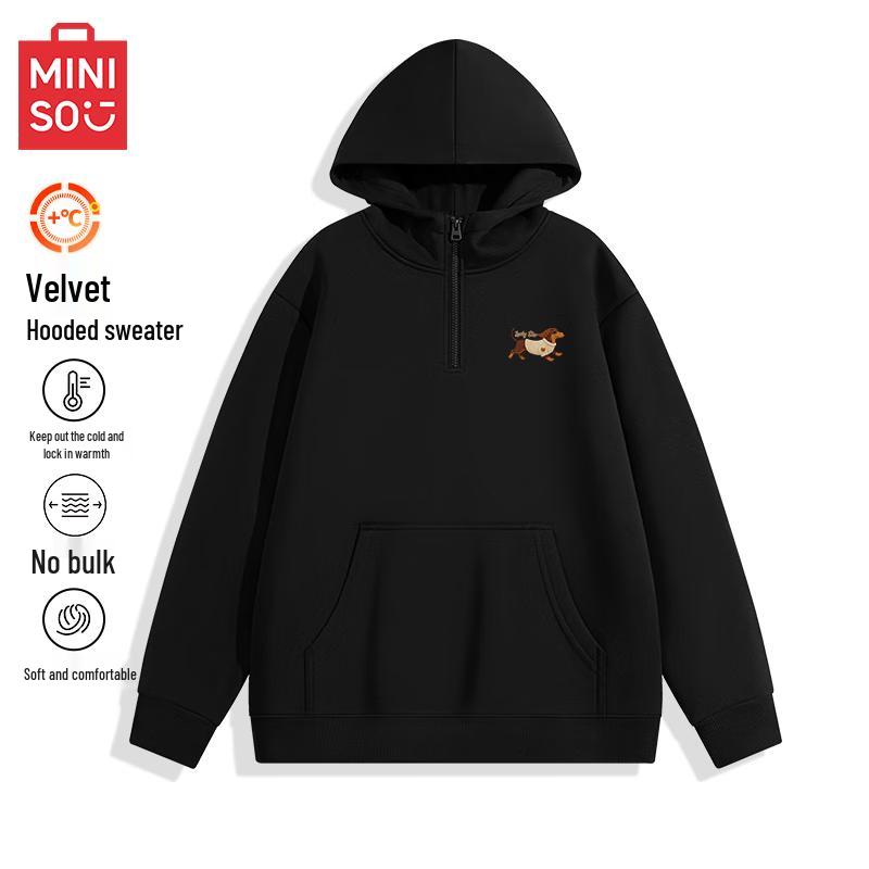 MINISO Men's Half-Zip Hooded Fleece Lined Sweatshirt with Dachshund Logo